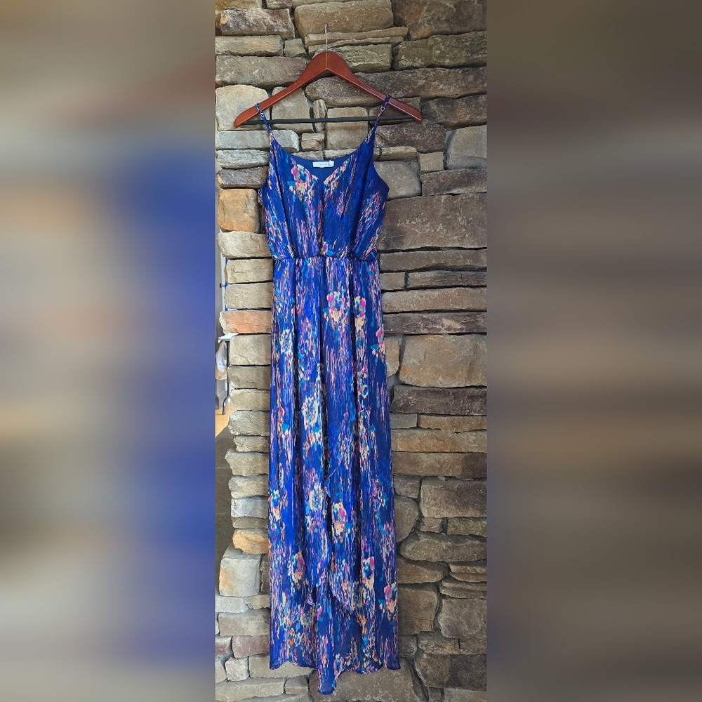 Lush XS Blue Multicolor High Low Dress Elegant Crisscross Slit Lined Adj Straps!